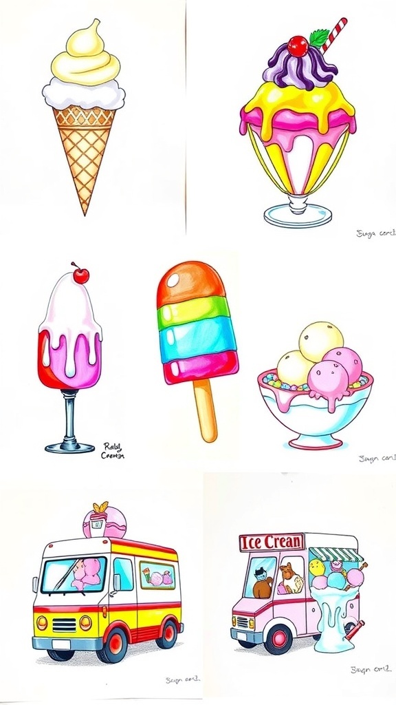 A collage of various ice cream drawings including cones, sundaes, popsicles, and an ice cream truck.